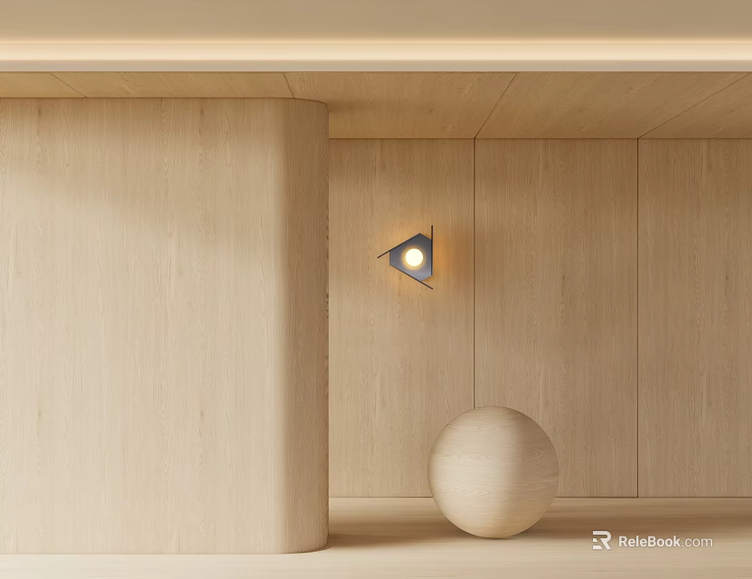 Minimalist Wooden Interior With Triangular Wall Lamp And Circular Sphere Decor 3d model 