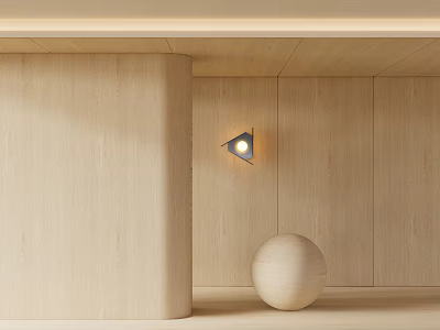 Minimalist Wooden Interior With Triangular Wall Lamp And Circular Sphere Decor 3d model