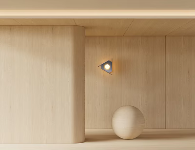 Minimalist Wooden Interior With Triangular Wall Lamp And Circular Sphere Decor 3d model