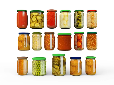 Assorted Glass Jars of Preserved Foods Including Vegetables Legumes and Fruits 3d model