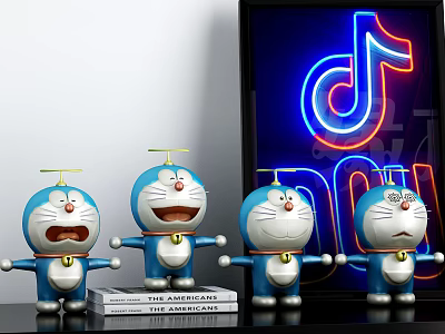 Four Adorable Doraemon Dolls With Different Expressions By Neon Sign And Books 3d model Four Adorable Doraemon Dolls With Different Expressions By Neon Sign And Books 3d model