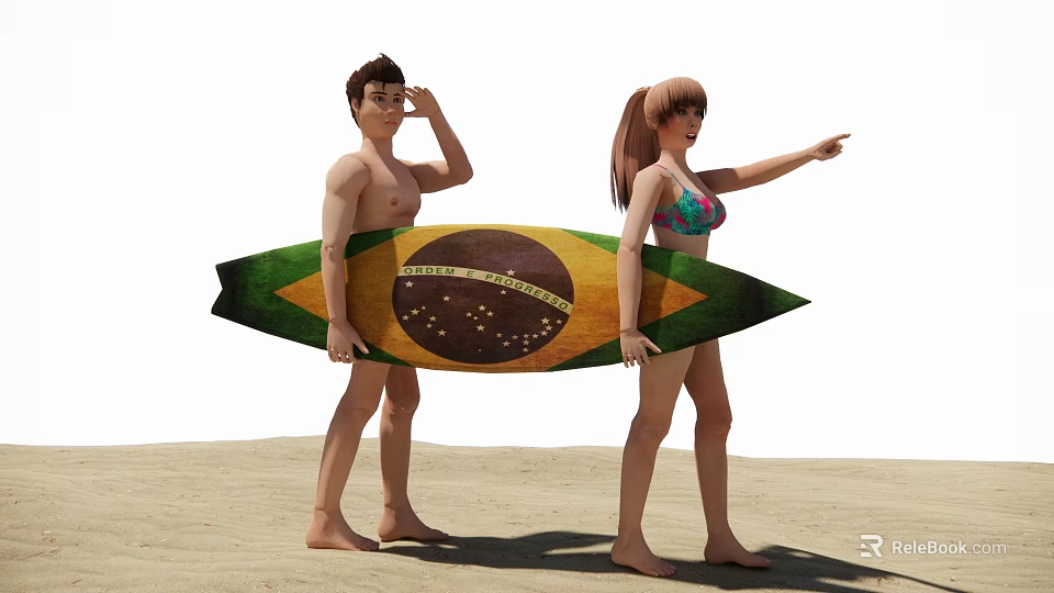 Two People Standing On Beach Holding Surfboard With Brazilian Flag Design 3d model 