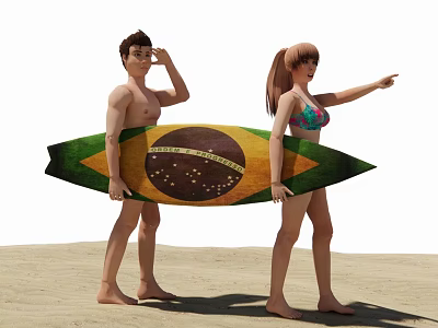 Two People Standing On Beach Holding Surfboard With Brazilian Flag Design 3d model