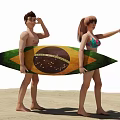 Two People Standing On Beach Holding Surfboard With Brazilian Flag Design