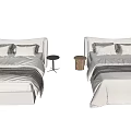 Contemporary Double Bed With Upholstered Frame White Bedding Brown Pillows And Round Side Table 3d model
