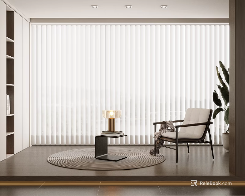 White Vertical Curtain Blinds In Bright Modern Interior With Chair Side Table And Plant 3d model 