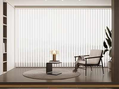 White Vertical Curtain Blinds In Bright Modern Interior With Chair Side Table And Plant 3d model