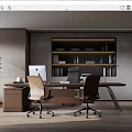 Modern Office Interior With Wooden Desk Two Chairs Computer Bookshelf And Potted Plant