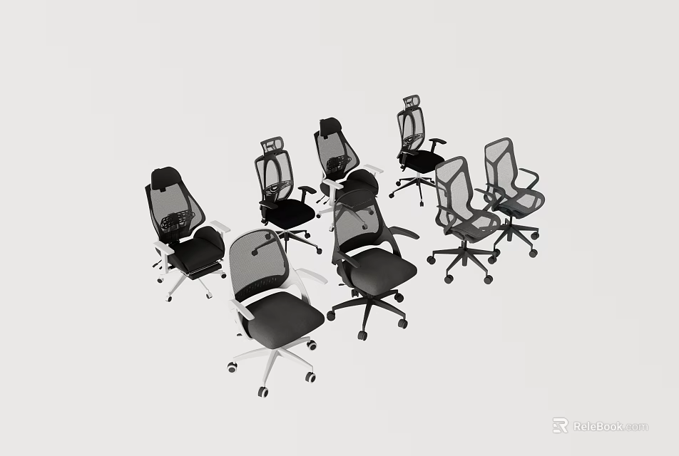 Multiple Office Chairs in Various Styles with Black and Gray Mesh Backrests and Wheels 3d model 