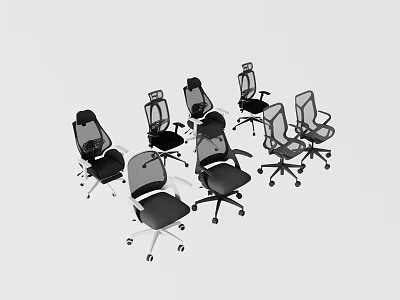 Multiple Office Chairs in Various Styles with Black and Gray Mesh Backrests and Wheels 3d model