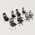 Multiple Office Chairs in Various Styles with Black and Gray Mesh Backrests and Wheels