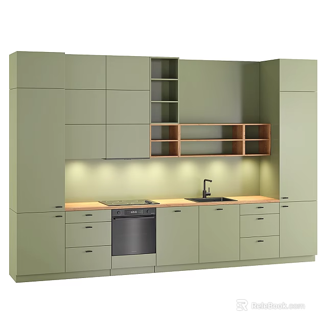 Modern Light Green Kitchen Interior With Wooden Countertop Sink Dishwasher And Built In Shelves 3d model 