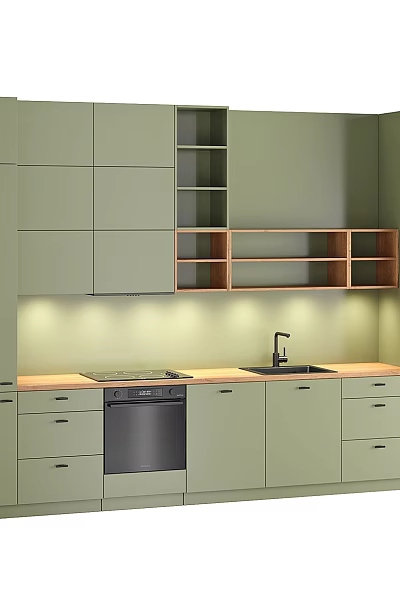 Modern Light Green Kitchen Interior With Wooden Countertop Sink Dishwasher And Built In Shelves 3d model