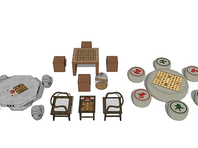 Traditional Stone Table And Wooden Chair Set With Chessboard And Game Pieces 3d model