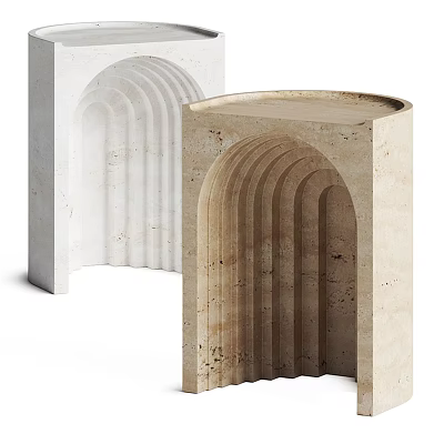 Modern Minimalist Stone Side Table With Arched Groove Texture And White Beige Design 3d model