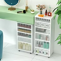 Modern White Entryway Side Cabinet With Transparent Drawers And Rolling Wheels For Cosmetics Storage