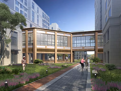 Modern Community Landscape With Pedestrian Walkway Greenery And People Walking 3d model