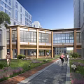 Modern Community Landscape With Pedestrian Walkway Greenery And People Walking