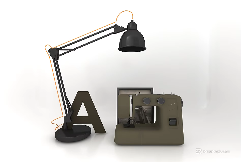 Black Adjustable Desk Lamp With Flexible Arm Next To Letter A And Sewing Machine 3d model 