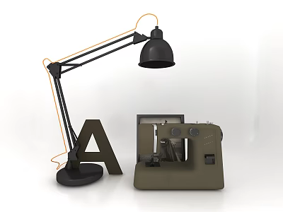 Black Adjustable Desk Lamp With Flexible Arm Next To Letter A And Sewing Machine 3d model
