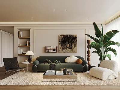 Modern Living Room Interior With Green Sofa White Rug Black Chair And Large Indoor Plant 3d model