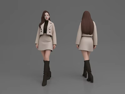 Woman In Beige Coat Black Turtleneck Skirt With Black Knee High Boots Front Back Views 3d model
