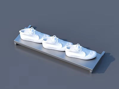 Three Pairs of White Shoes Displayed on Metal Shelf in Minimalist Setting 3d model