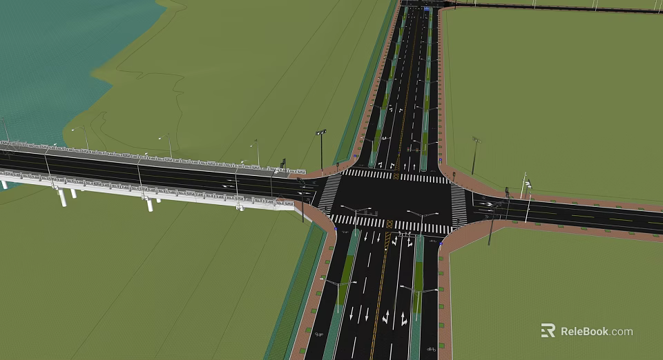 Municipal Road Intersection Design With Overpass Bridge Lanes Green Belts And Street Lamps 3d model 