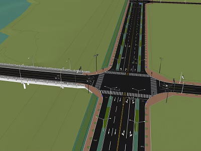 Municipal Road Intersection Design With Overpass Bridge Lanes Green Belts And Street Lamps 3d model