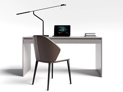 Minimalist Modern Desk Setup With Laptop Books Black Desk Lamp And Chair 3d model
