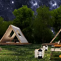 Garden Landscape With White Tipis Under Starry Sky Trees Tables Chairs Hay Bales Log Stacks