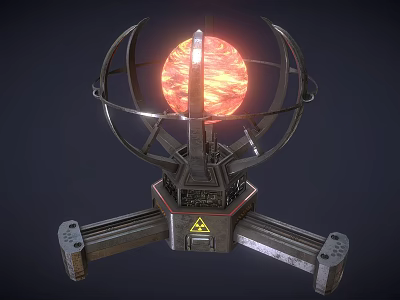 Industrial Equipment With Metal Frame Glowing Red Sphere Surrounding Rings Base Support And Warning Symbol 3d model