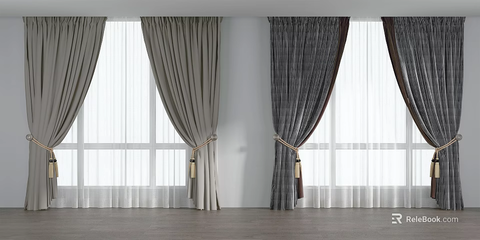 Gray And Dark Fabric Curtains With Sheer Panels And Tiebacks For Window Interior 3d model 