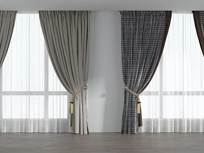 Gray And Dark Fabric Curtains With Sheer Panels And Tiebacks For Window Interior 3d model