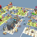 Colorful Cartoon Town Buildings In Various Styles With Streets Cars And Trees