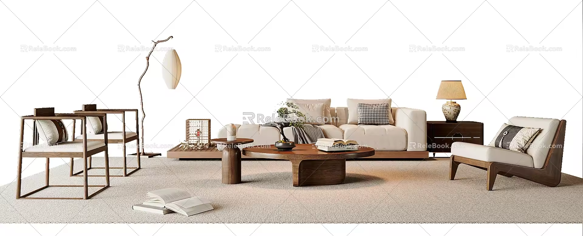 New Chinese-style Song-style Sofa Coffee Table Combination Sofa Stool Leisure Chair Table Lamp 3d model