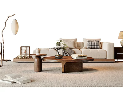 Modern Living Room Interior With Beige Sofa Coffee Table Set Wooden Throw Pillows And Books 3d model
