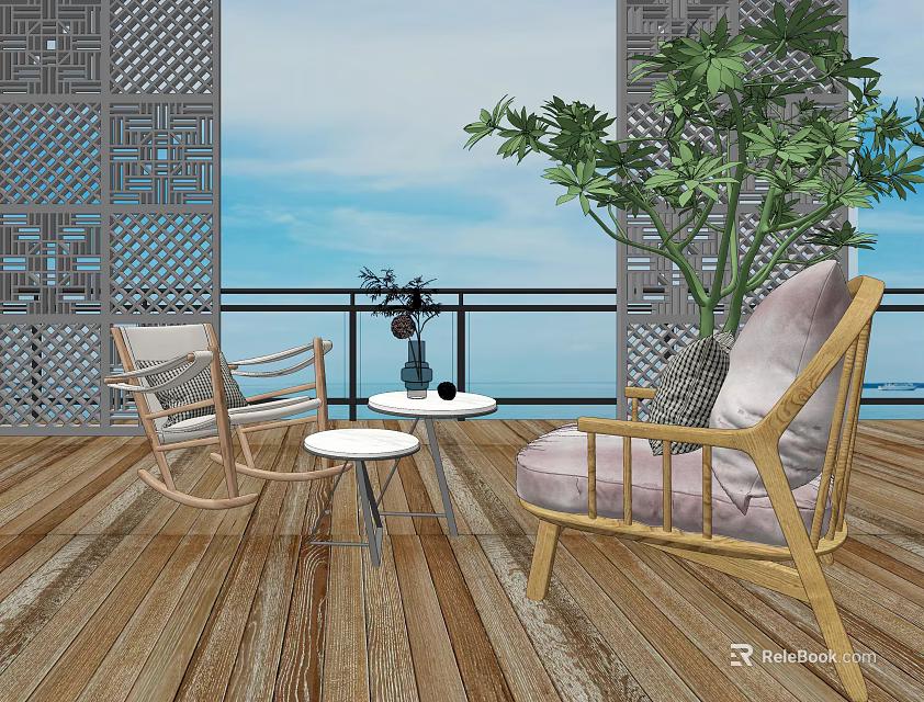 Outdoor Wooden Chair and Table Set with Rattan Accent Sea View Balcony and Green Plant 3d model 
