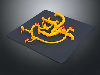 Yellow Plastic Pipe Model With Red Valves On Black Base 3d model