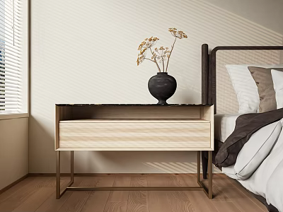 Modern Wooden Side Table With Drawer Metal Frame And Black Vase In Bedroom 3d model