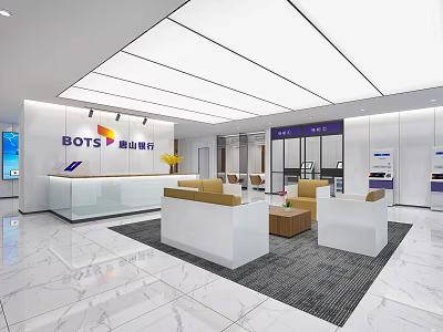 Modern Bank Service Hall Interior With Reception Desk Sofa Seating And Marble Floor 3d model