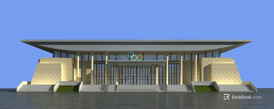 Modern Public Building Featuring Olympic Rings Front Entrance With Glass Doors Columns And Steps 3d model 