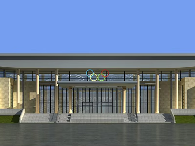 Modern Public Building Featuring Olympic Rings Front Entrance With Glass Doors Columns And Steps 3d model