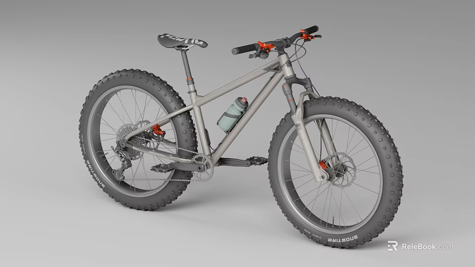 Gray Frame Fat Tire Mountain Bike With Red Handlebars And Water Bottle Cage 3d model 