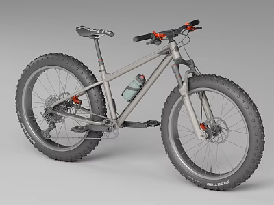 Gray Frame Fat Tire Mountain Bike With Red Handlebars And Water Bottle Cage 3d model