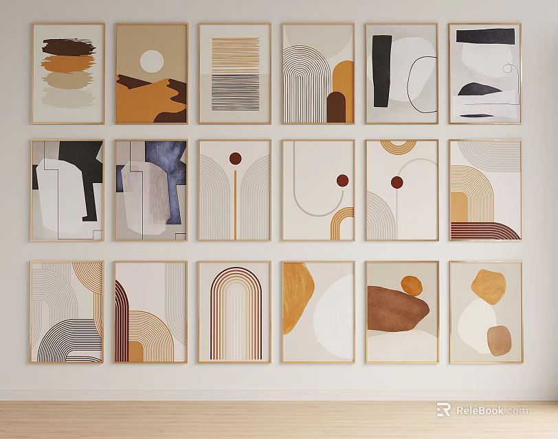 Abstract Art Prints With Neutral Tones On Wall 3d model 