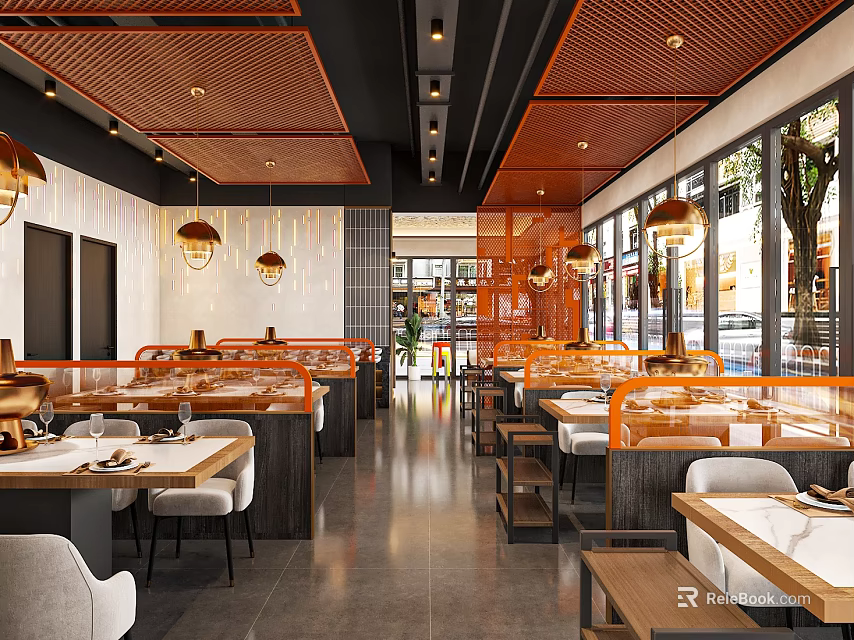 Modern Hot Pot Restaurant Interior With Warm Lighting And Layout 3d model