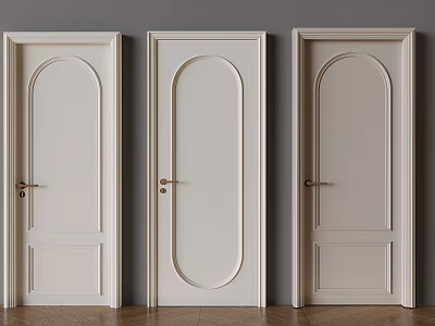 Three Light Colored Modern Hinged Doors With Different Panel Designs And Metal Handles 3d model