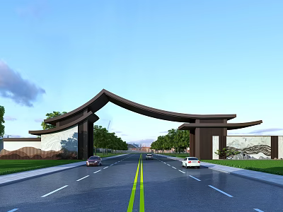 Modern Arched Top Entrance Gate With Wide Road Cars And Green Trees Around 3d model