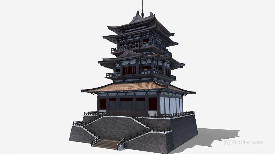 Traditional Oriental Five Story Pagoda With Intricate Wooden Eaves Stone Base And Steps 3d model 